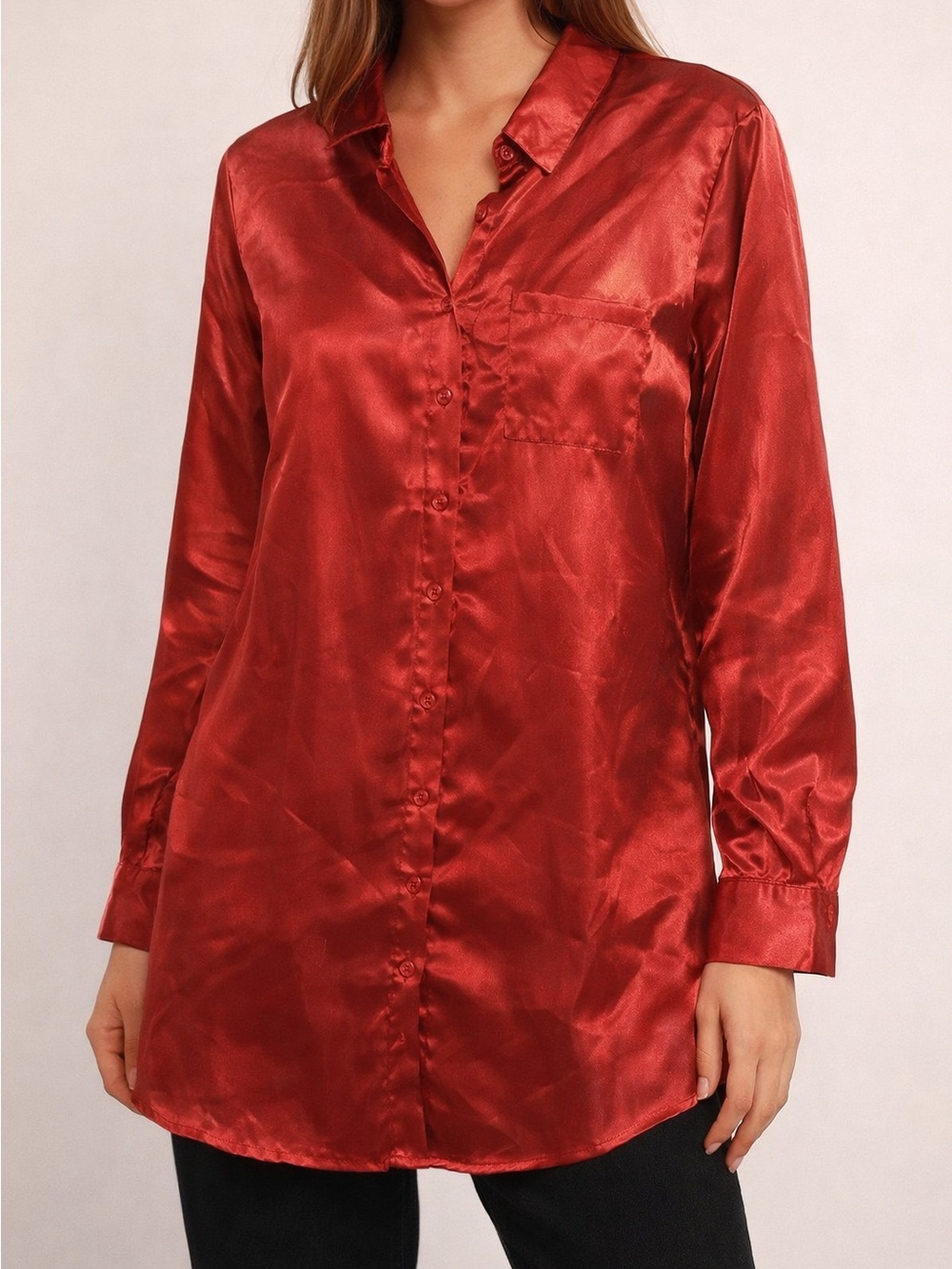 Satin Button-Down Tunic Shirt in Deep Red